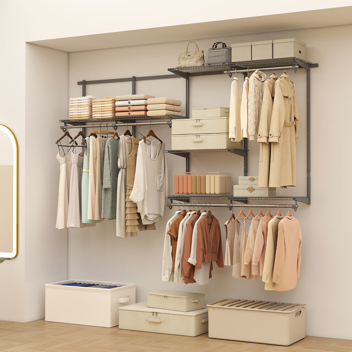 Closet System 4-8 FT Wall-Mounted Closet Shelves and Rod-Gray