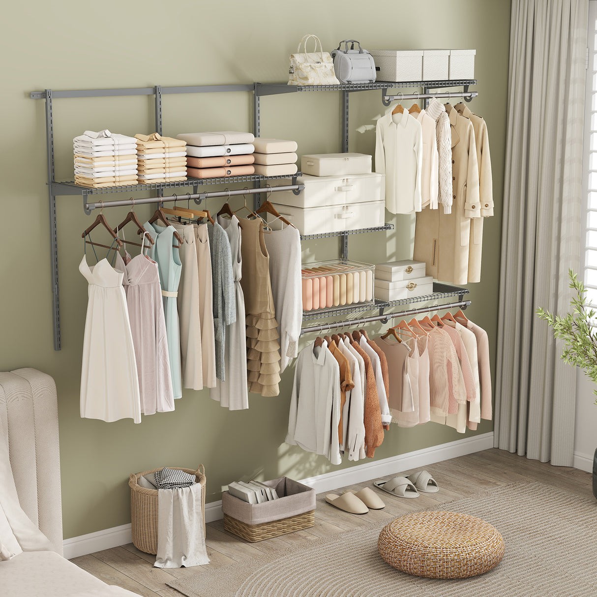Closet System 4-8 FT Wall-Mounted Closet Shelves and Rod-Gray