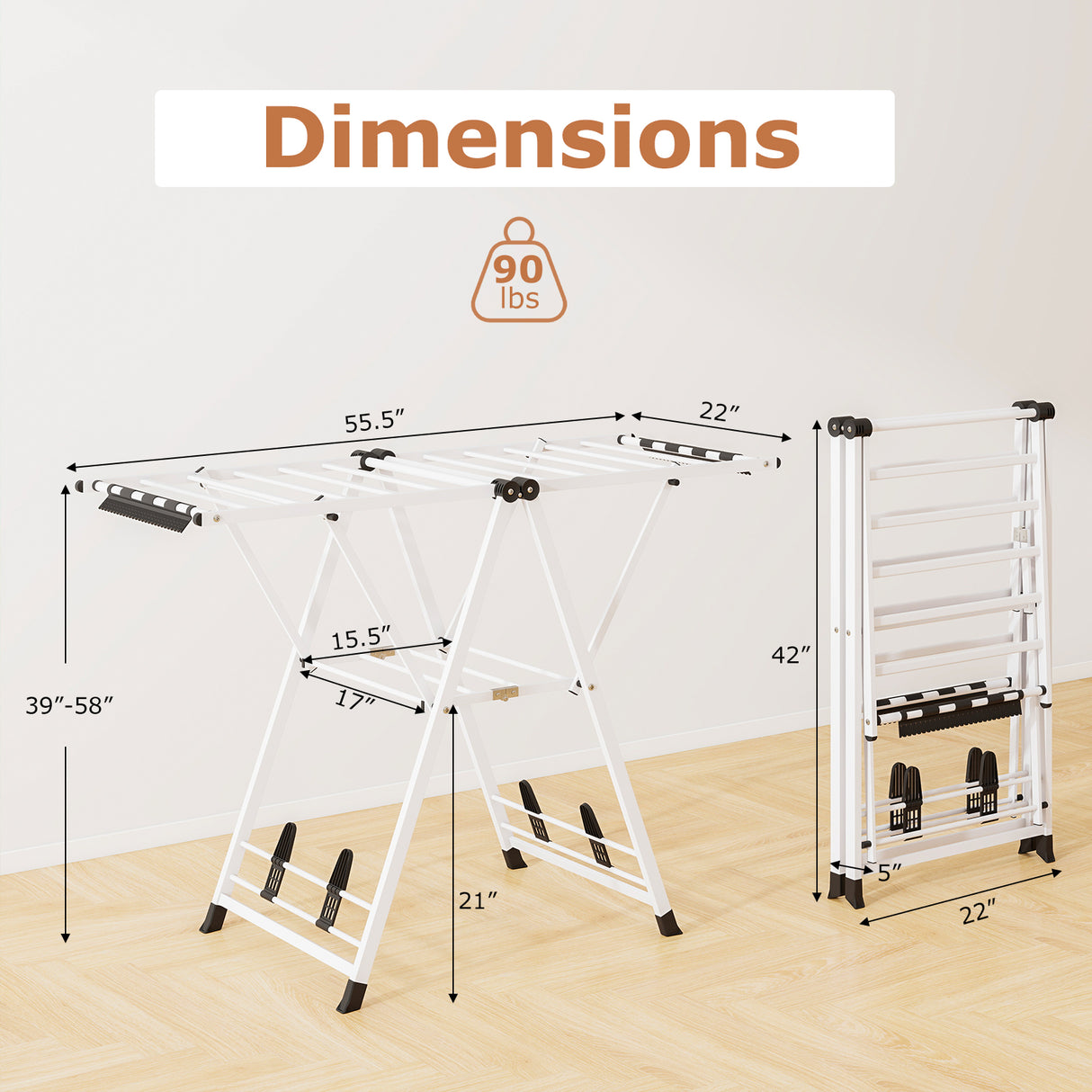 Clothes Drying Rack with Height Adjustable Wings-White