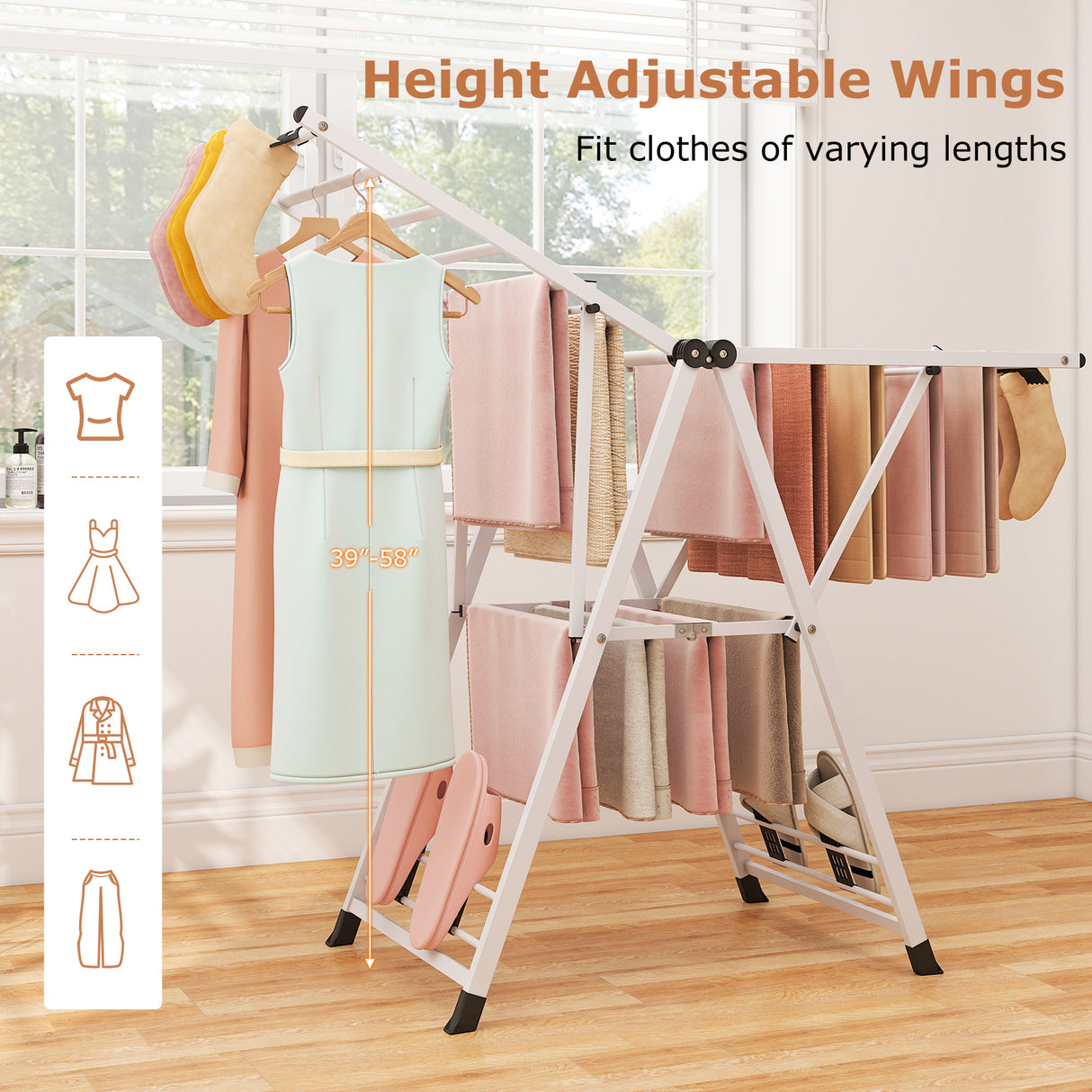 Clothes Drying Rack with Height Adjustable Wings-White