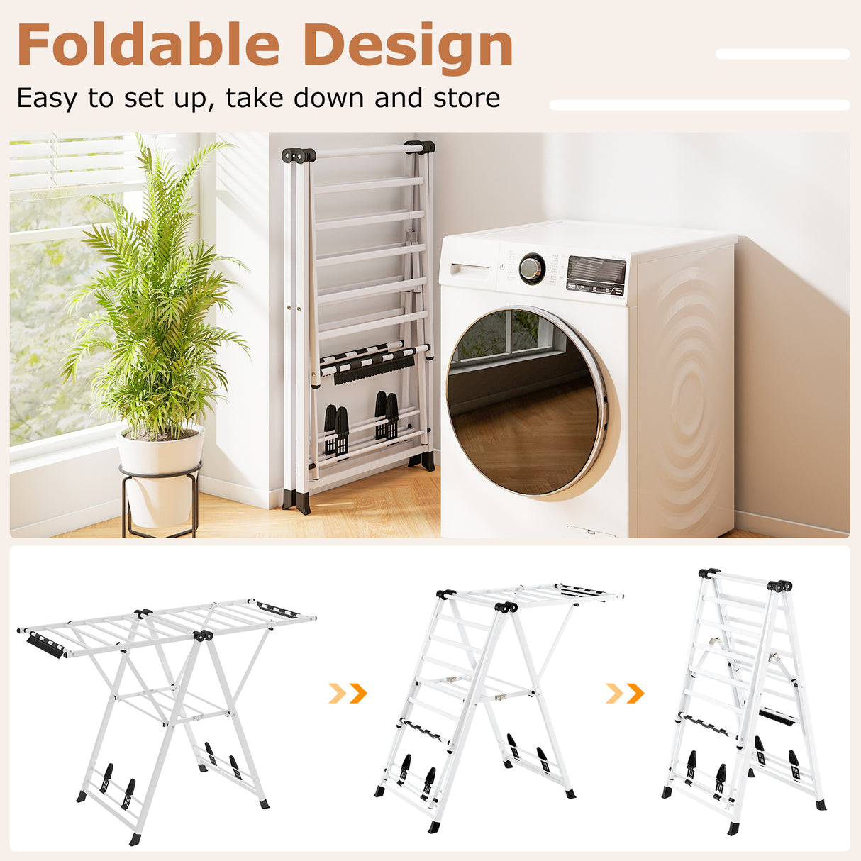 Clothes Drying Rack with Height Adjustable Wings-White