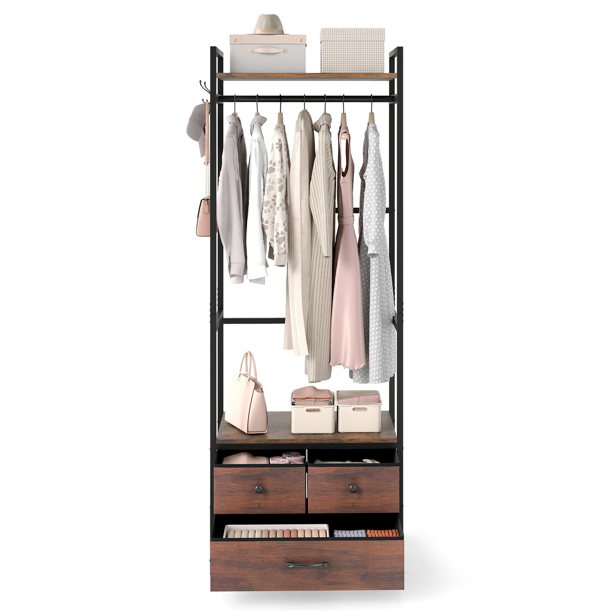 Clothes Rack with Drawers and Shelves with Side Hooks and Metal Frame-Rustic Brown