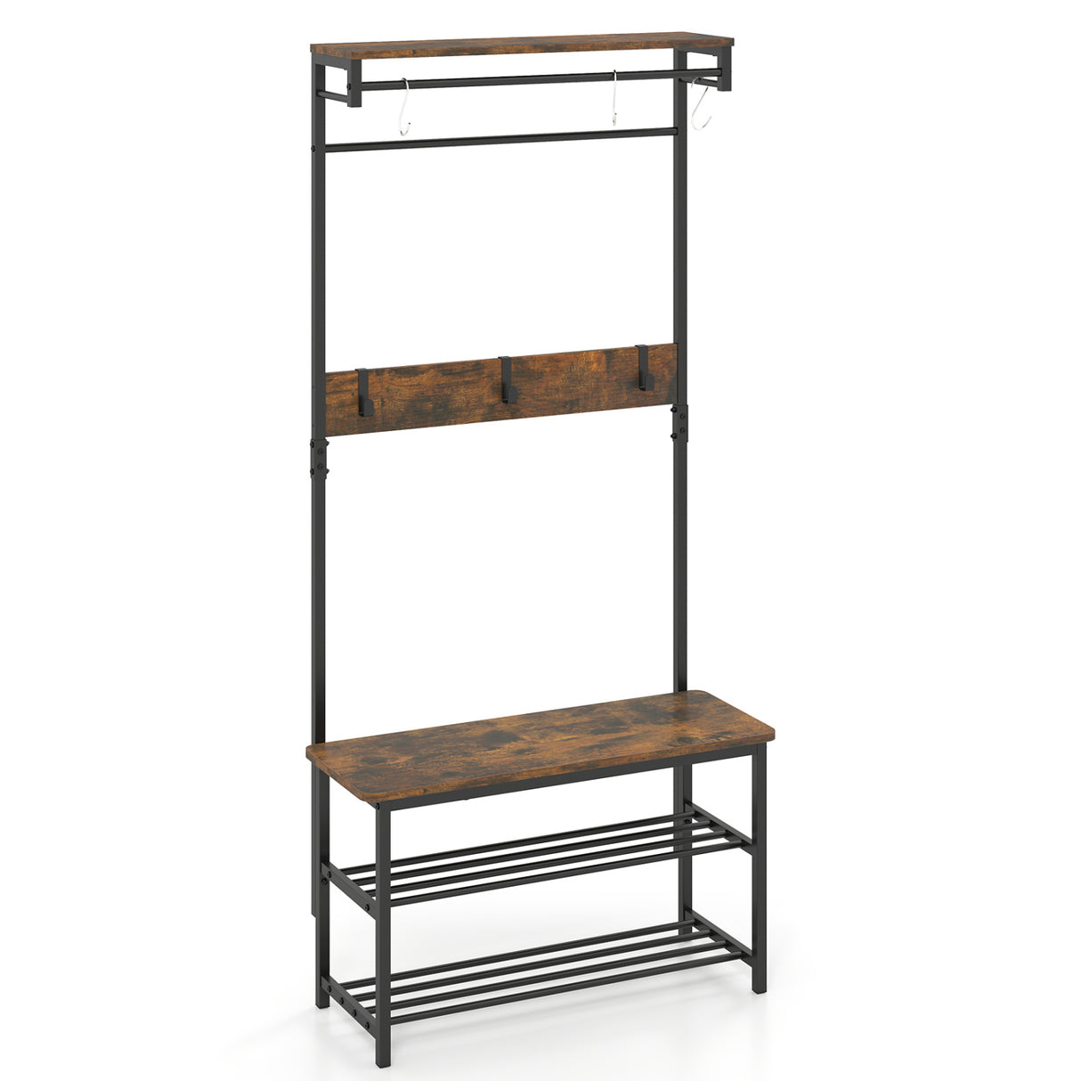 Coat Rack 4-In-1 Hall Tree with Shoe Bench and Removable Hooks-Coffee
