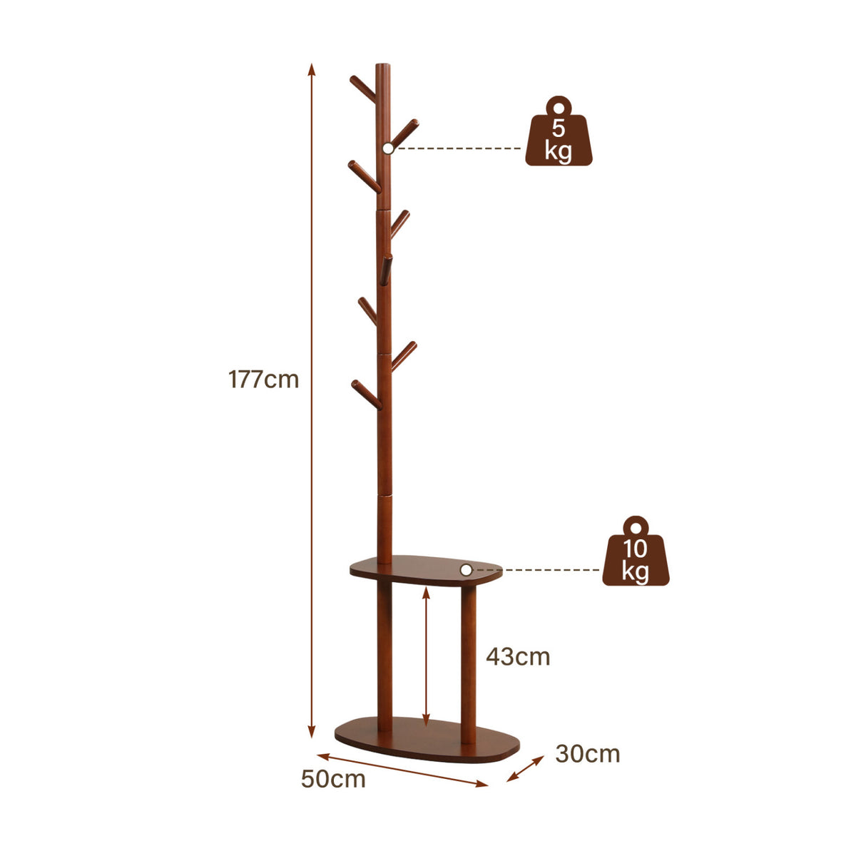 Coat Rack with 8 Rubber Wood Hooks and 2 Storage Shelves-Walnut