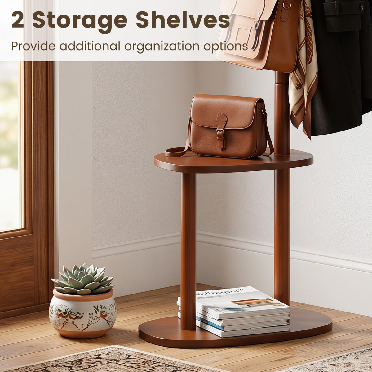 Coat Rack with 8 Rubber Wood Hooks and 2 Storage Shelves-Walnut