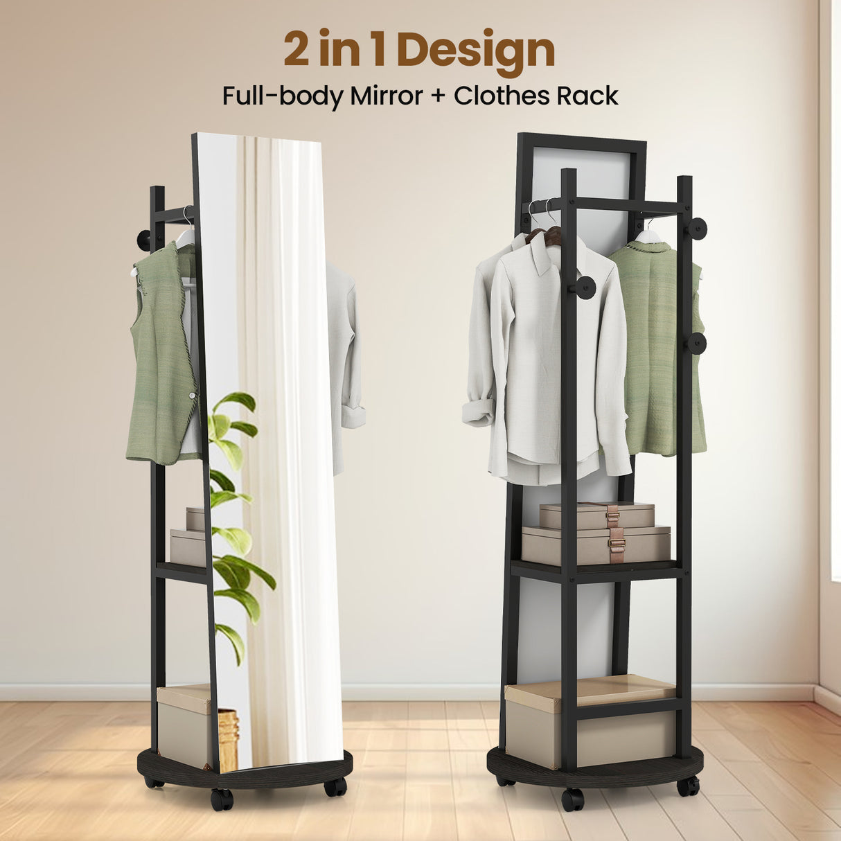 Coat Rack with Full Length Mirror Freestanding Coat Tree with 3 Hooks-Walnut