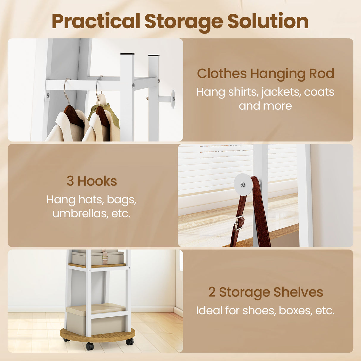 Coat Rack with Full Length Mirror Freestanding Coat Tree with 3 Hooks-Natural