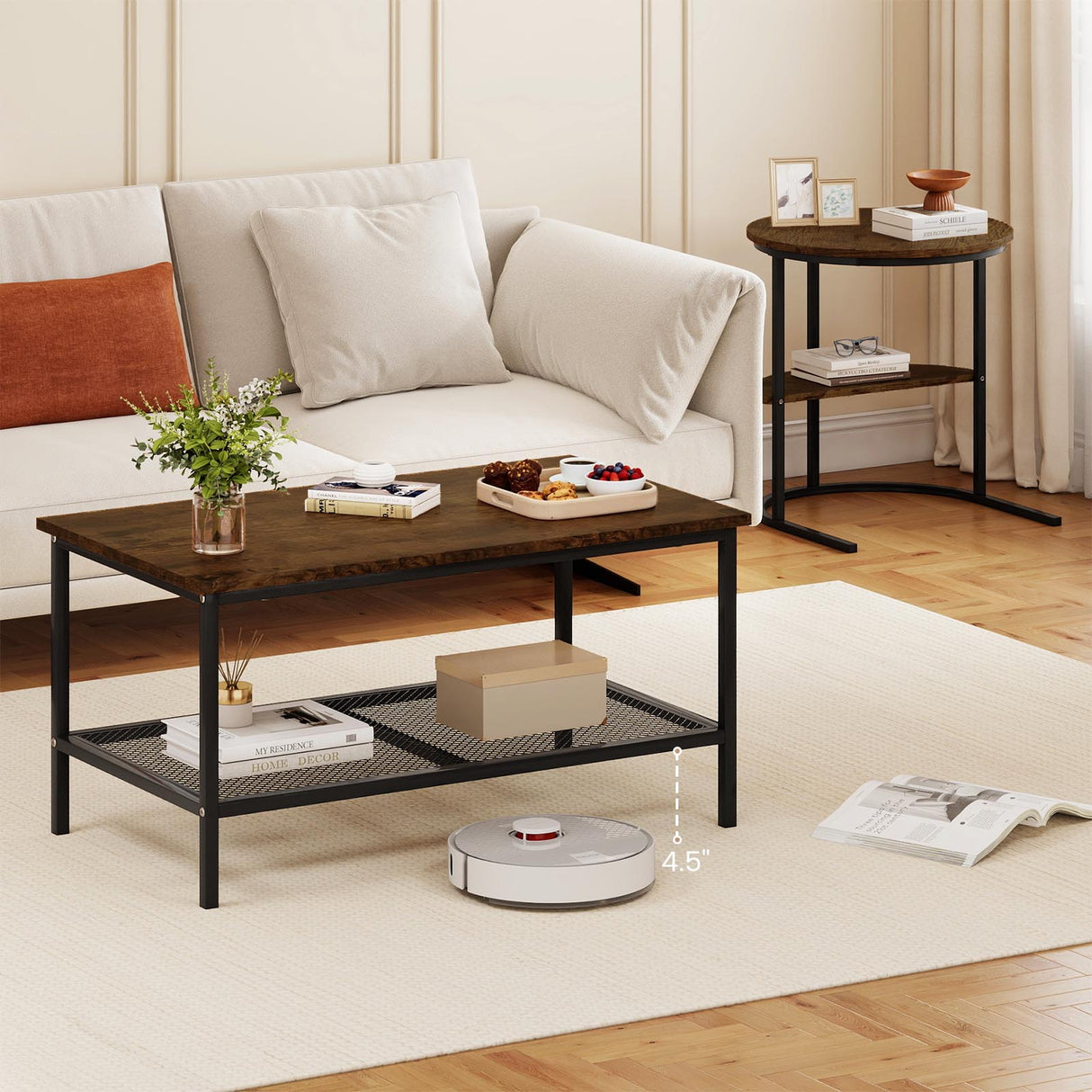 Coffee Table 2-Tier Rectangle Coffee Table and Side End Table with Storage Shelves-Rustic Brown