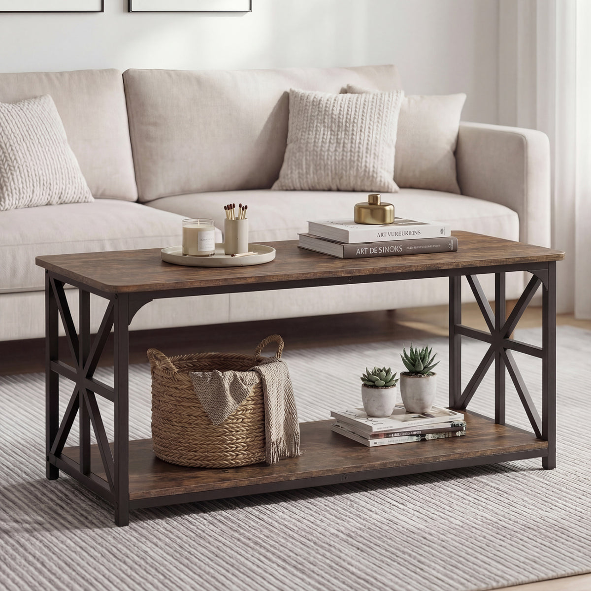 Coffee Table 2-Tier Center Table with Storage Shelf-Rustic Brown