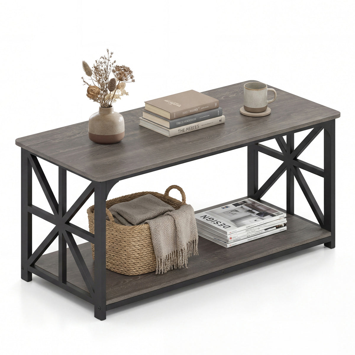 Coffee Table 2-Tier Center Table with Storage Shelf-Oak