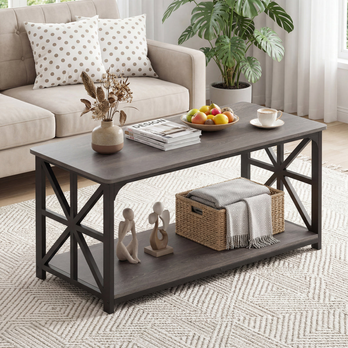 Coffee Table 2-Tier Center Table with Storage Shelf-Oak