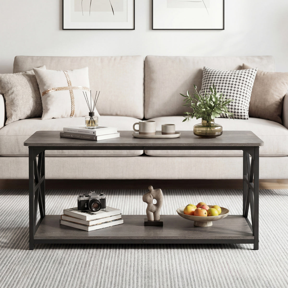 Coffee Table 2-Tier Center Table with Storage Shelf-Oak