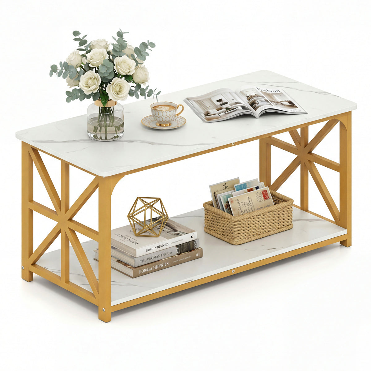 Coffee Table 2-Tier Center Table with Storage Shelf-White and Golden