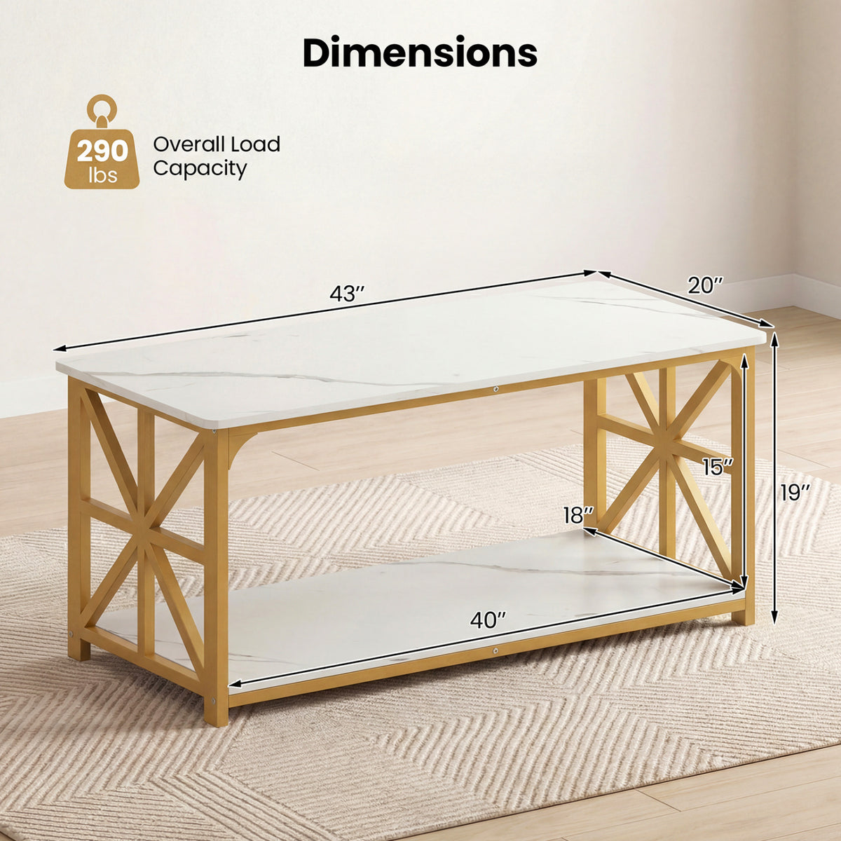 Coffee Table 2-Tier Center Table with Storage Shelf-White and Golden