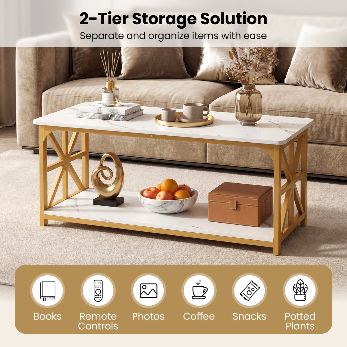 Coffee Table 2-Tier Center Table with Storage Shelf-White and Golden