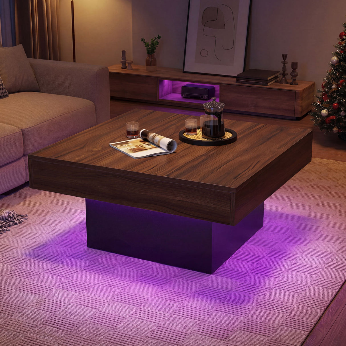 Coffee Table Accent Table with LED Lights and Dynamic Modes-Rustic Brown