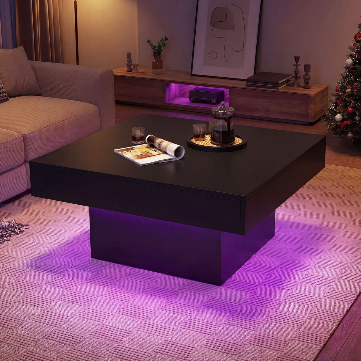 Coffee Table Accent Table with LED Lights and Dynamic Modes-Black