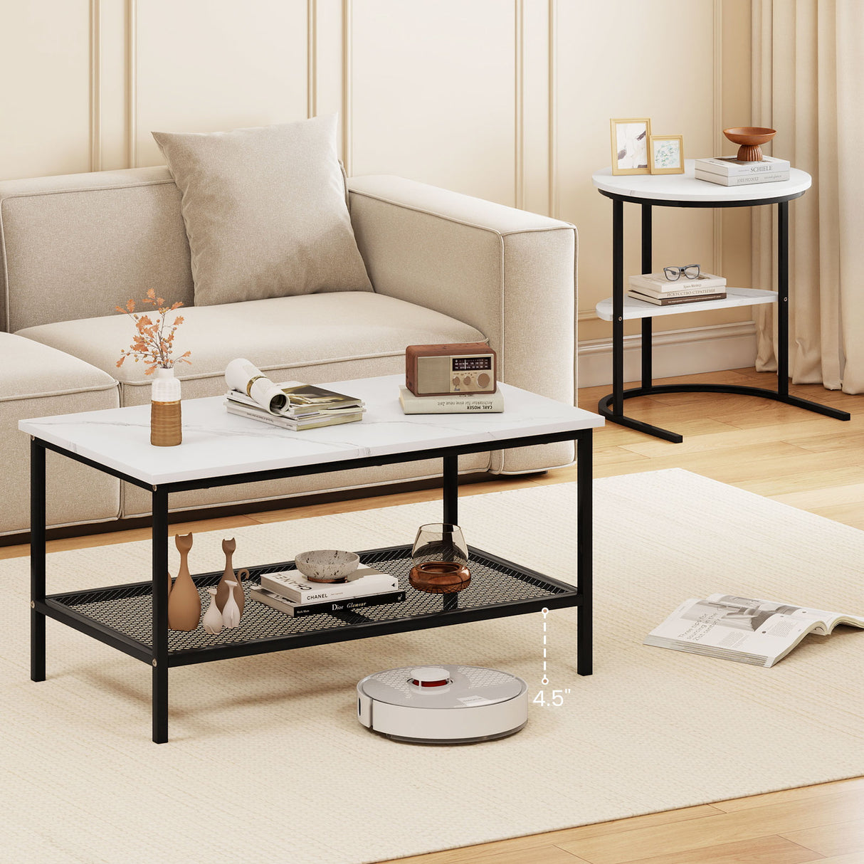 Coffee Table Set of 2 2-Tier Rectangle Coffee Table and Side End Table with Storage Shelves-White