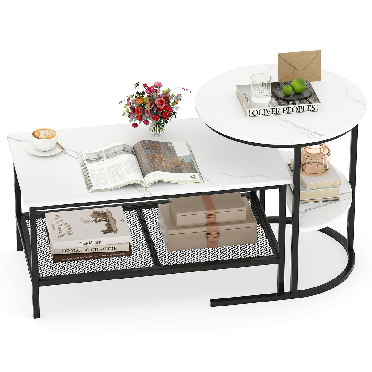 Coffee Table Set of 2 2-Tier Rectangle Coffee Table and Side End Table with Storage Shelves-White