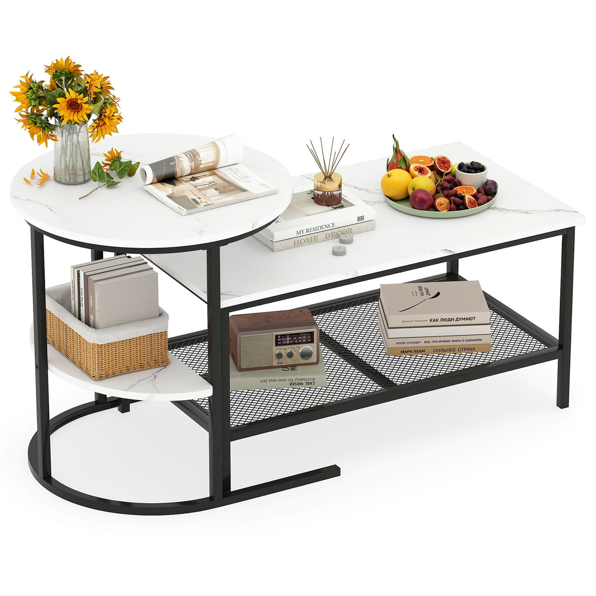 Coffee Table Set of 2 2-Tier Rectangle Coffee Table and Side End Table with Storage Shelves-White