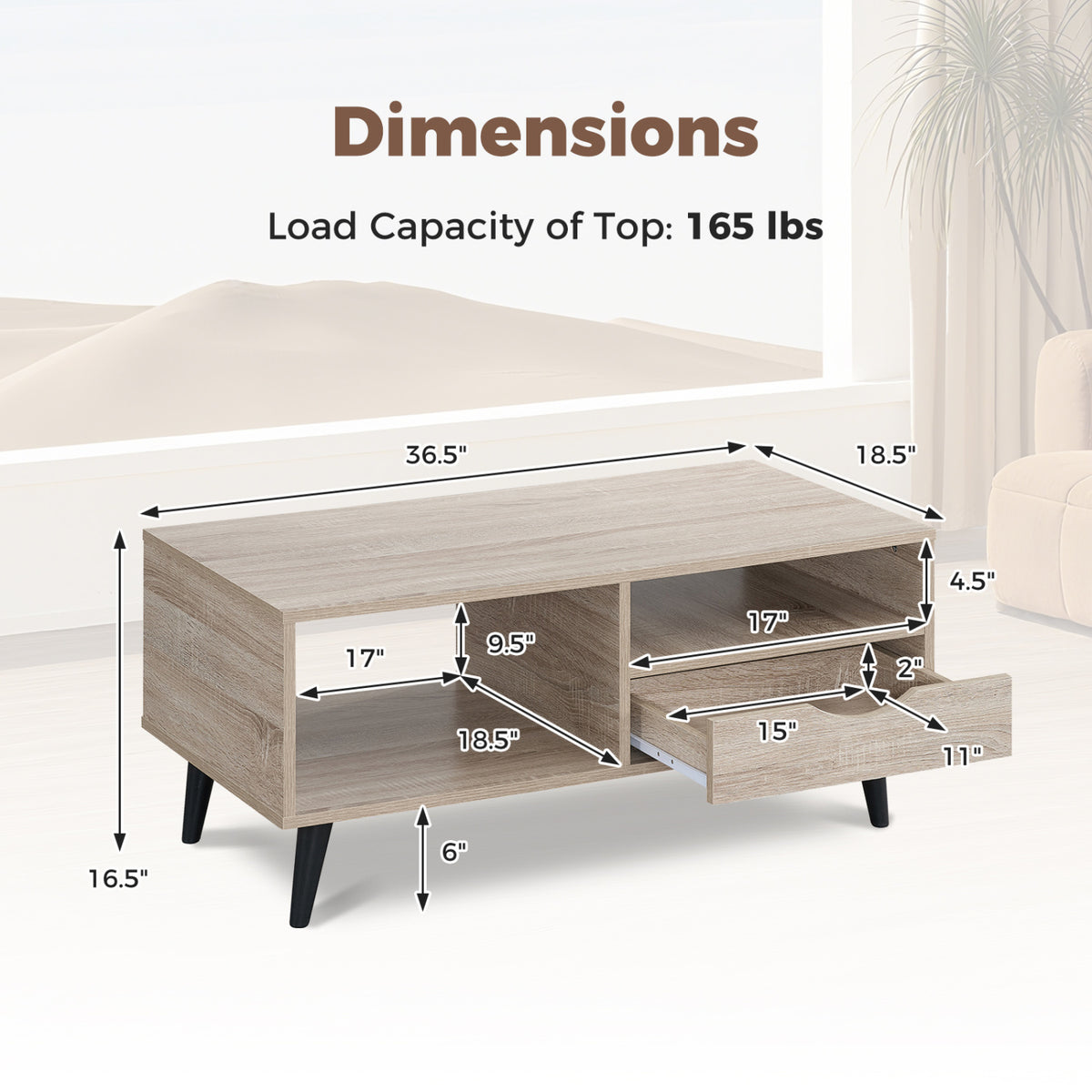 Coffee Table with Storage Rustic Rectangle Center Table-Natural