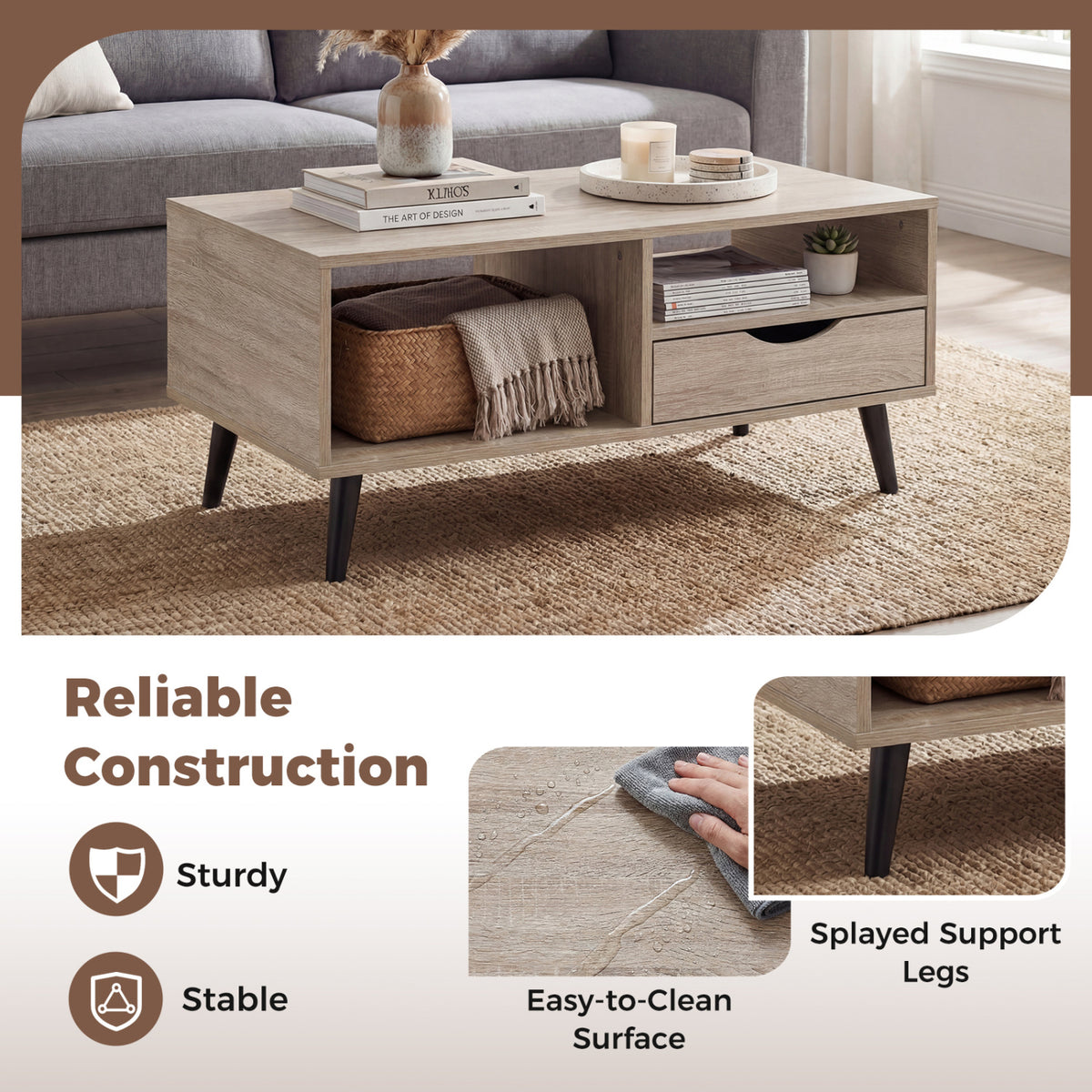 Coffee Table with Storage Rustic Rectangle Center Table-Natural