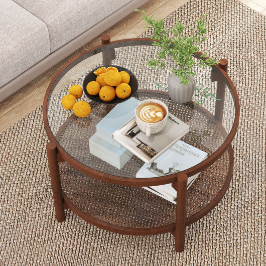 31 Inch 2-Tier Round Coffee Table with Tempered Glass Top for Living Room-Cherry
