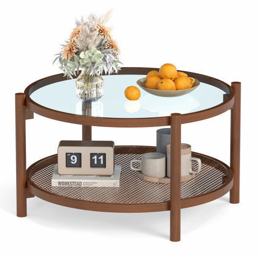31 Inch 2-Tier Round Coffee Table with Tempered Glass Top for Living Room-Cherry