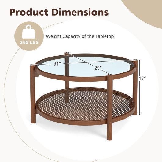 31 Inch 2-Tier Round Coffee Table with Tempered Glass Top for Living Room-Cherry