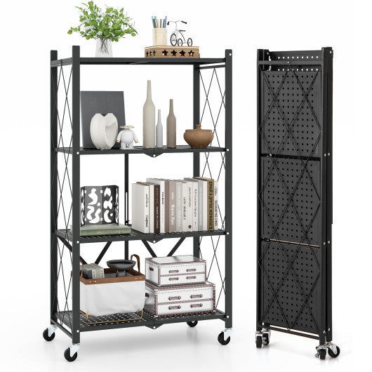 4-Tier Foldable Storage Shelf Collapsible Storage Rack with Lockable Wheels-Black