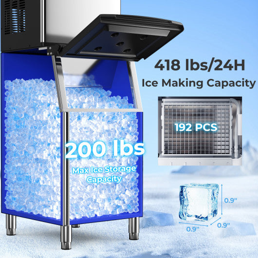 Commercial Ice Maker Machine 418 LBS/24H with 200 LBS Storage Bin-Silver
