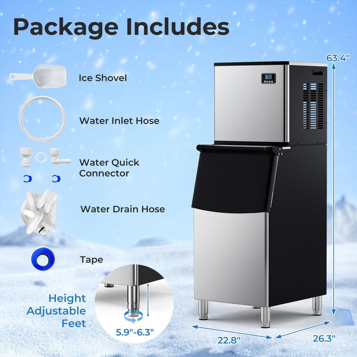 Commercial Ice Maker Machine 418 LBS/24H with 200 LBS Storage Bin-Silver