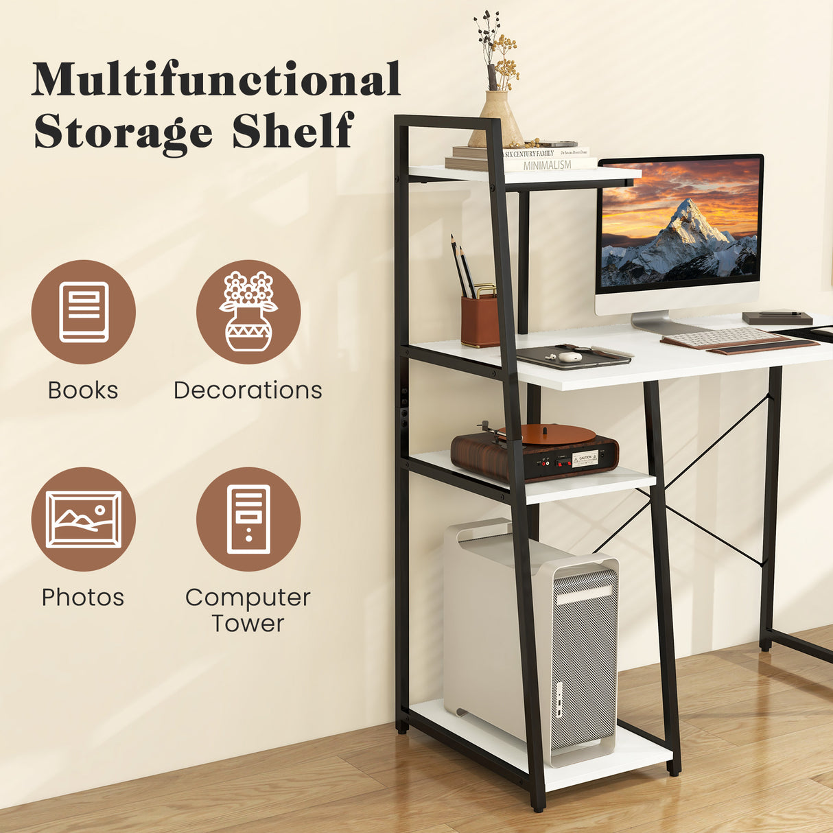 Compact Computer Desk Workstation with 4 Tier Shelves for Home and Office-White