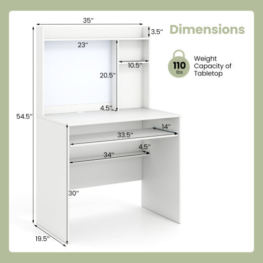 Compact Office Computer Desk with Hutch Magnetic Whiteboard-White