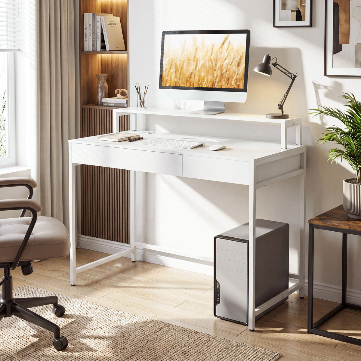 Compact Office Desk with Removable Monitor Shelf and Dual-use Drawer-White