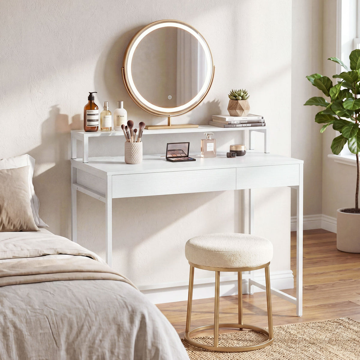 Compact Office Desk with Removable Monitor Shelf and Dual-use Drawer-White