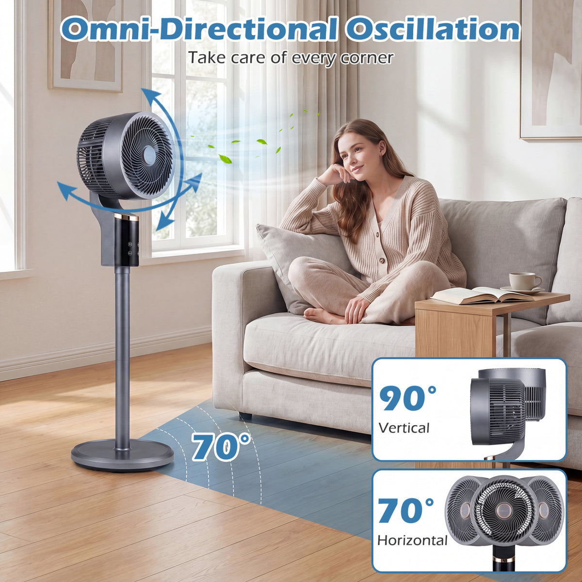 Compact Oscillating Standing Fan with 70° Oscillation and 90° Tilt for Home Office-Gray