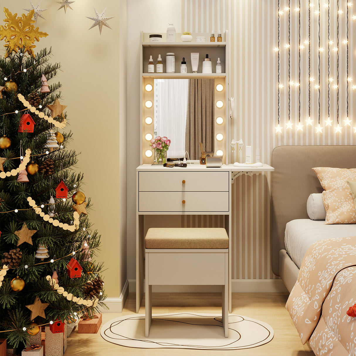 Compact Vanity Desk Set with 3-Color Lighted Mirror and Power Outlets-White