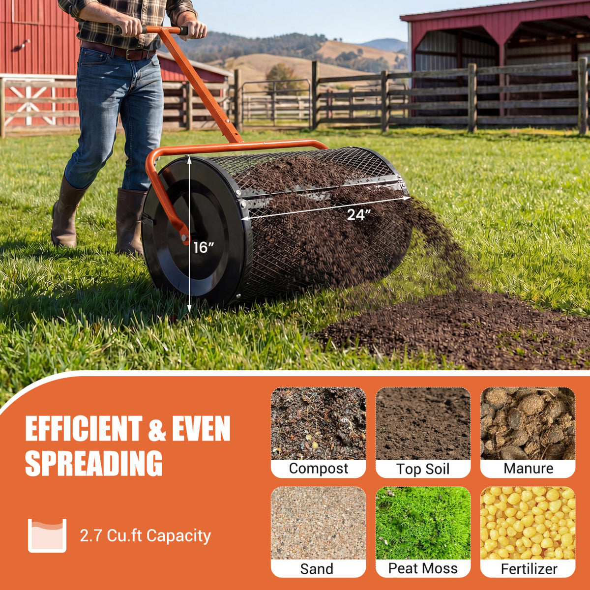 Compost Spreader 24 Inch Peat Moss Spreader Roller with Height-adjustable T-shape Handle-Orange