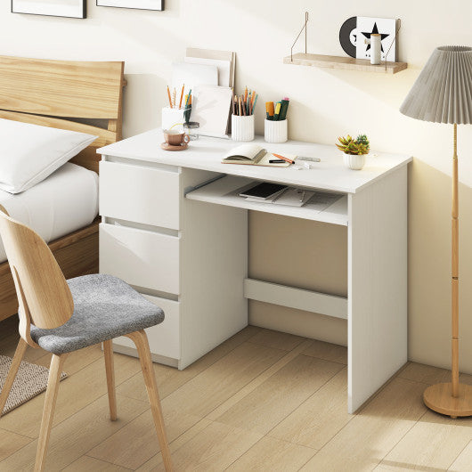 Computer Desk with Power Outlet Keyboard Tray and 3 Large Drawers-White