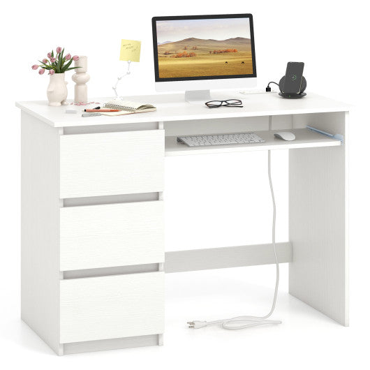 Computer Desk with Power Outlet Keyboard Tray and 3 Large Drawers-White