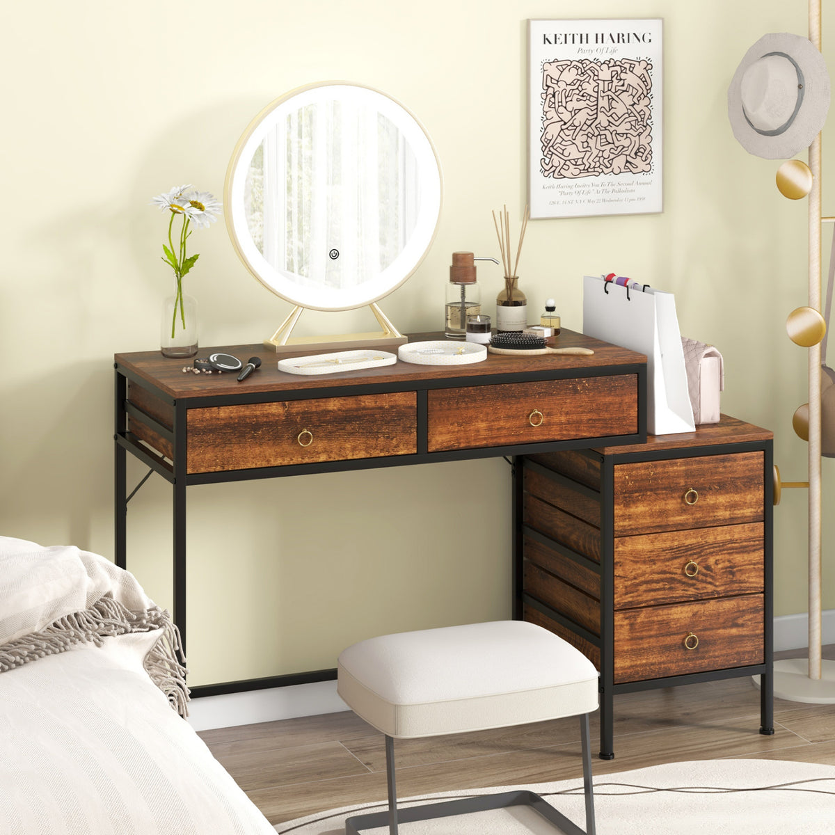 Computer Desk with 5 Drawers Home Office Desk with Side File Cabinet-Rustic Brown