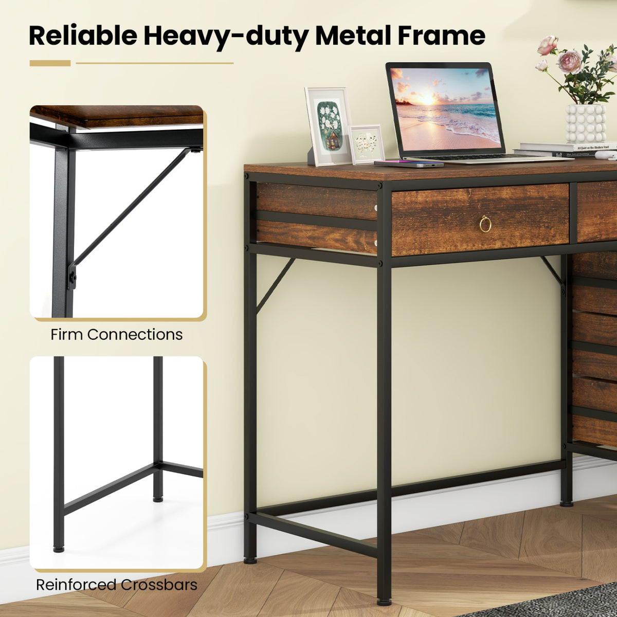 Computer Desk with 5 Drawers Home Office Desk with Side File Cabinet-Rustic Brown