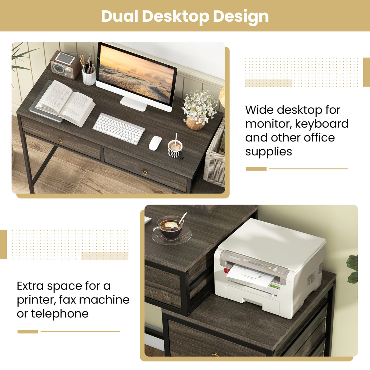 Computer Desk with 5 Drawers Home Office Desk with Side File Cabinet-Grey