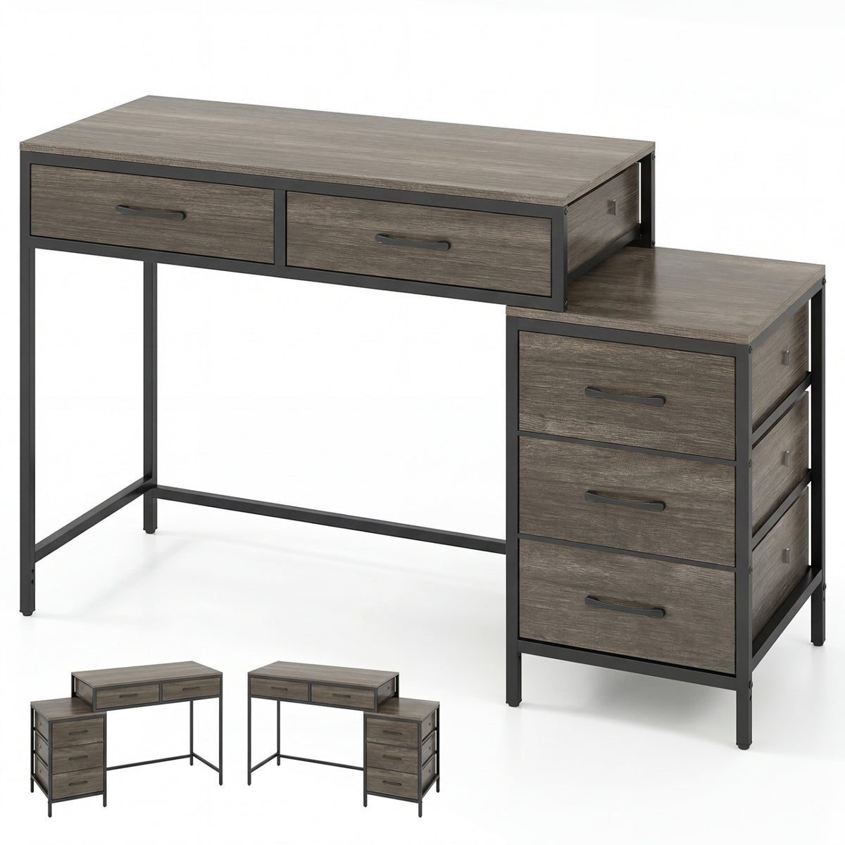 Computer Desk with 5 Drawers and Printer Stand for Bedroom and Small Spaces-Oak