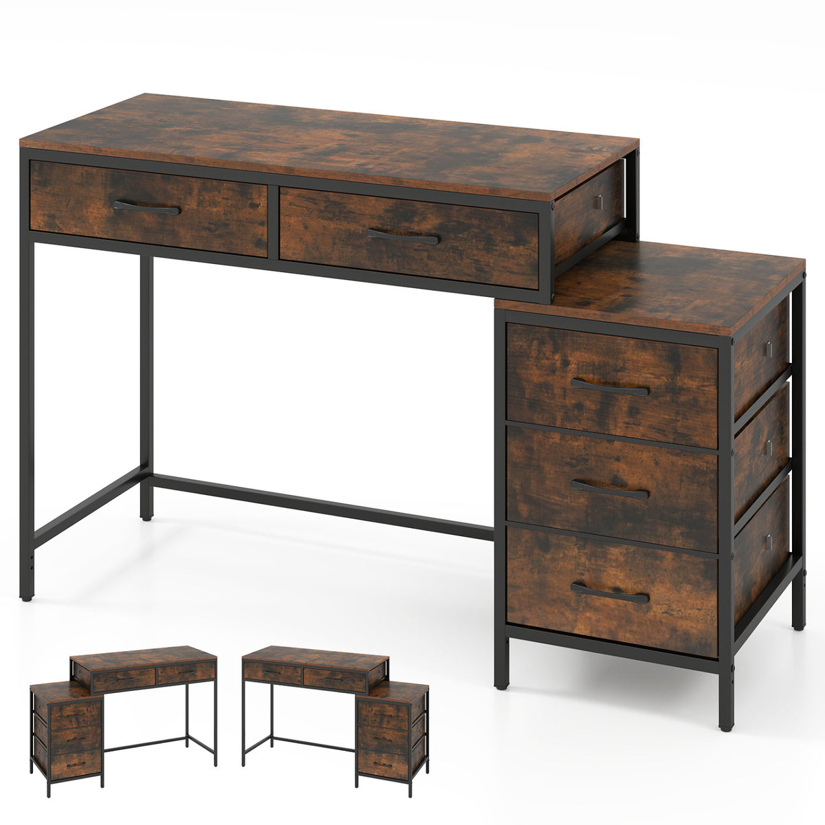 Computer Desk with 5 Drawers and Printer Stand for Bedroom and Small Spaces-Rustic Brown