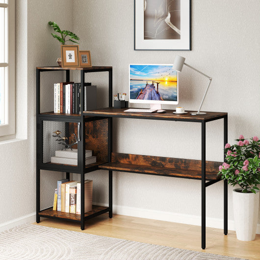 Computer Desk with Bookshelf Home Office Desk with Storage Cabinet and Shelves-Rustic Brown