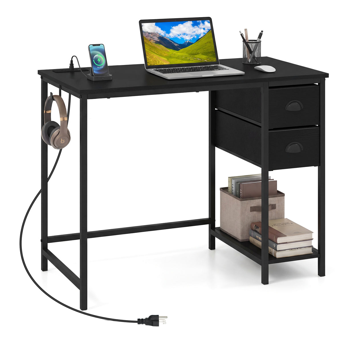 Computer Desk with Charging Station and 2 Fabric Drawers for Small Spaces-Black