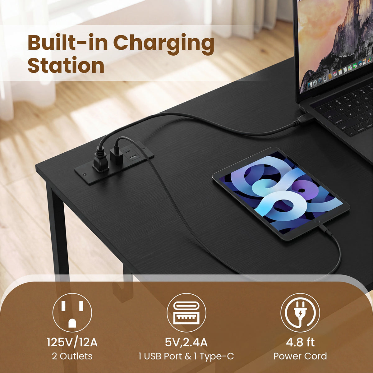 Computer Desk with Charging Station and 2 Fabric Drawers for Small Spaces-Black