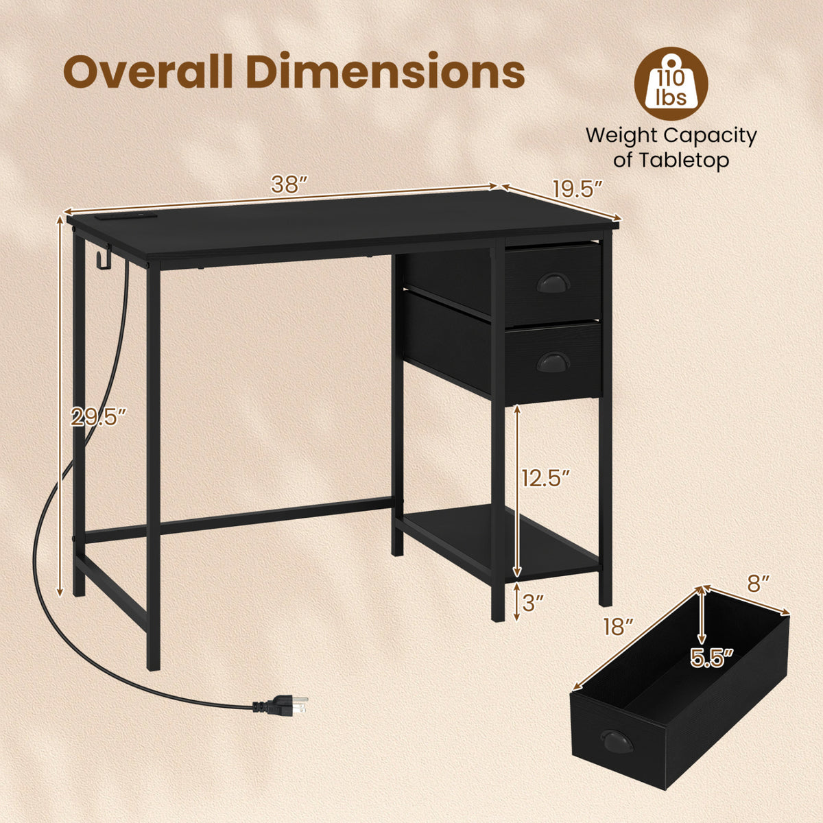 Computer Desk with Charging Station and 2 Fabric Drawers for Small Spaces-Black